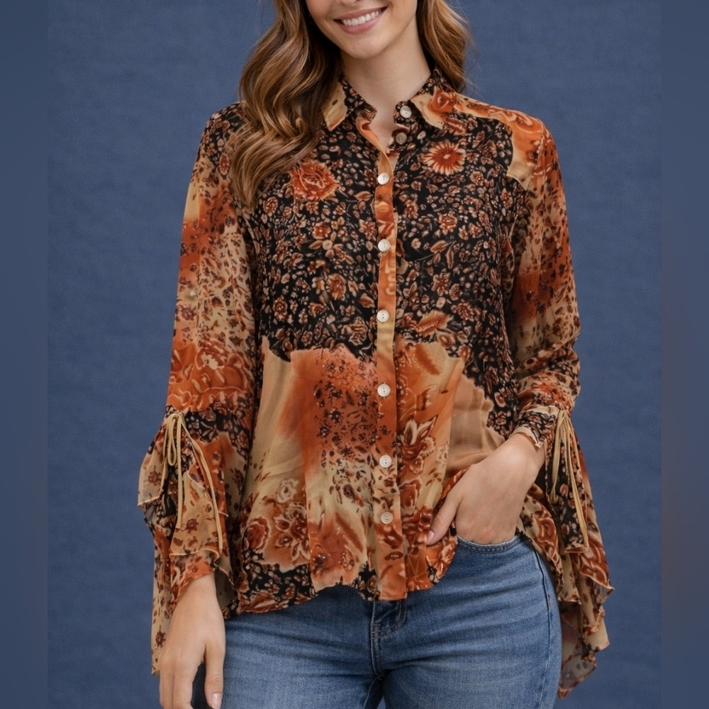 VTG SADDLE RIDGE Orange Floral Rose Chiffon Flare Sleeve Button Down Shirt